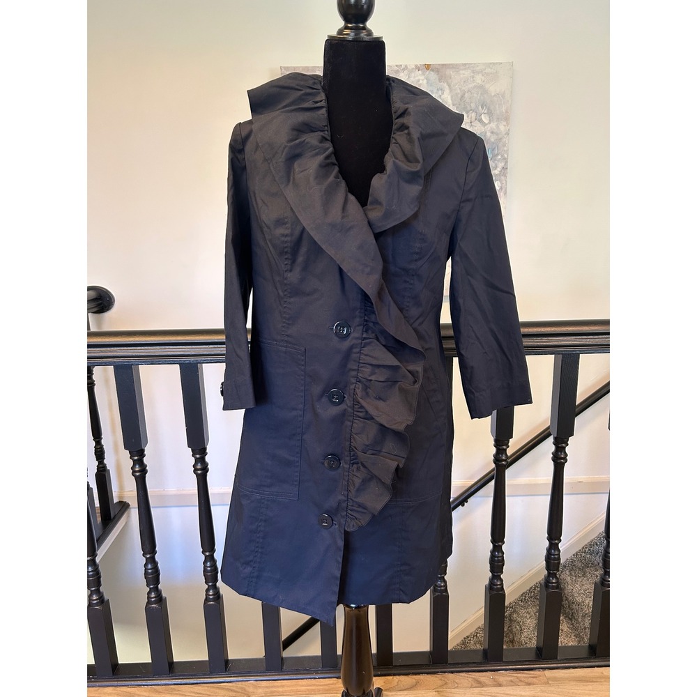 Cabi Pose Jacket 6024 Classic Navy Ruffle Collar Trench Coat Spring 2022 NWT S